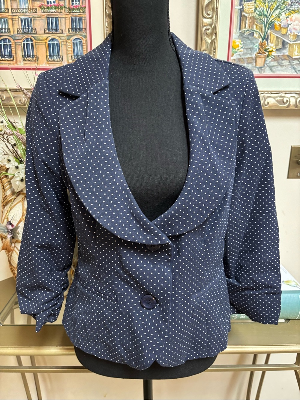 Polka Dot Navy Women's Blazer with Rounded Shawl Collar New With Tags! Size M